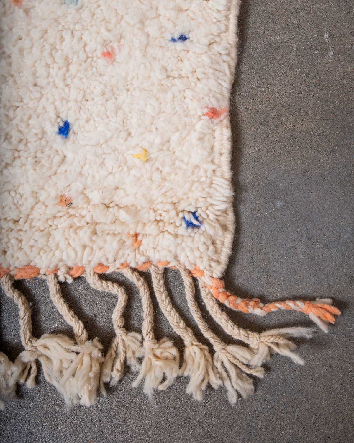 Modern, designer, handcrafted Berber rug from Morocco. Beniourain carpet with beautiful colours and patterns and fluffy wool texture.